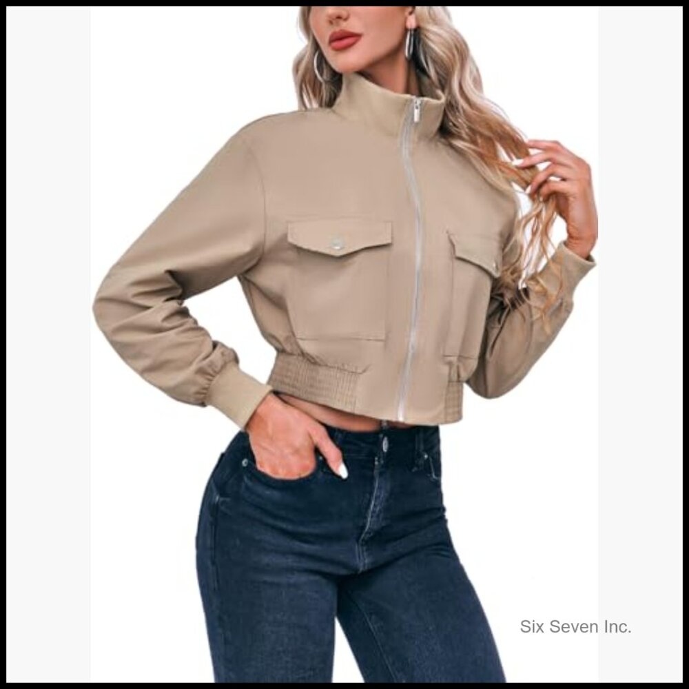 Lightweight Polyester Cropped Bomber Jacket with … - image 2